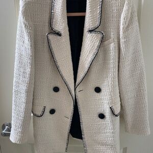 ZARA Cream Textured Tweed Blazer with Contrast Trim